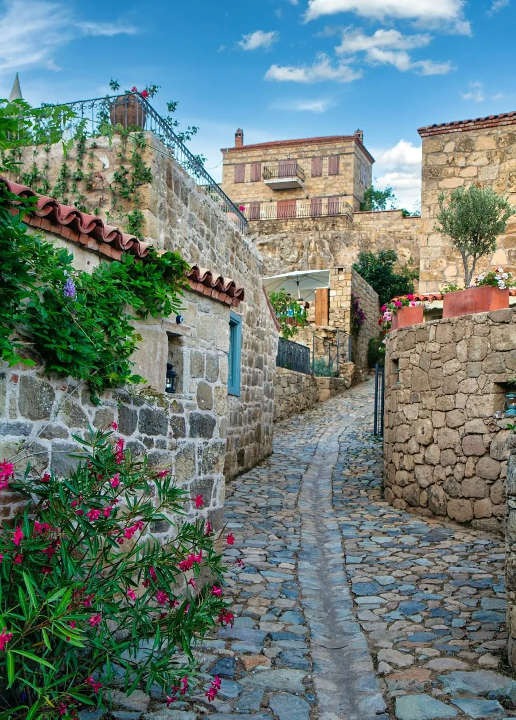A cobbled lane between restored stone houses in Adatepe village