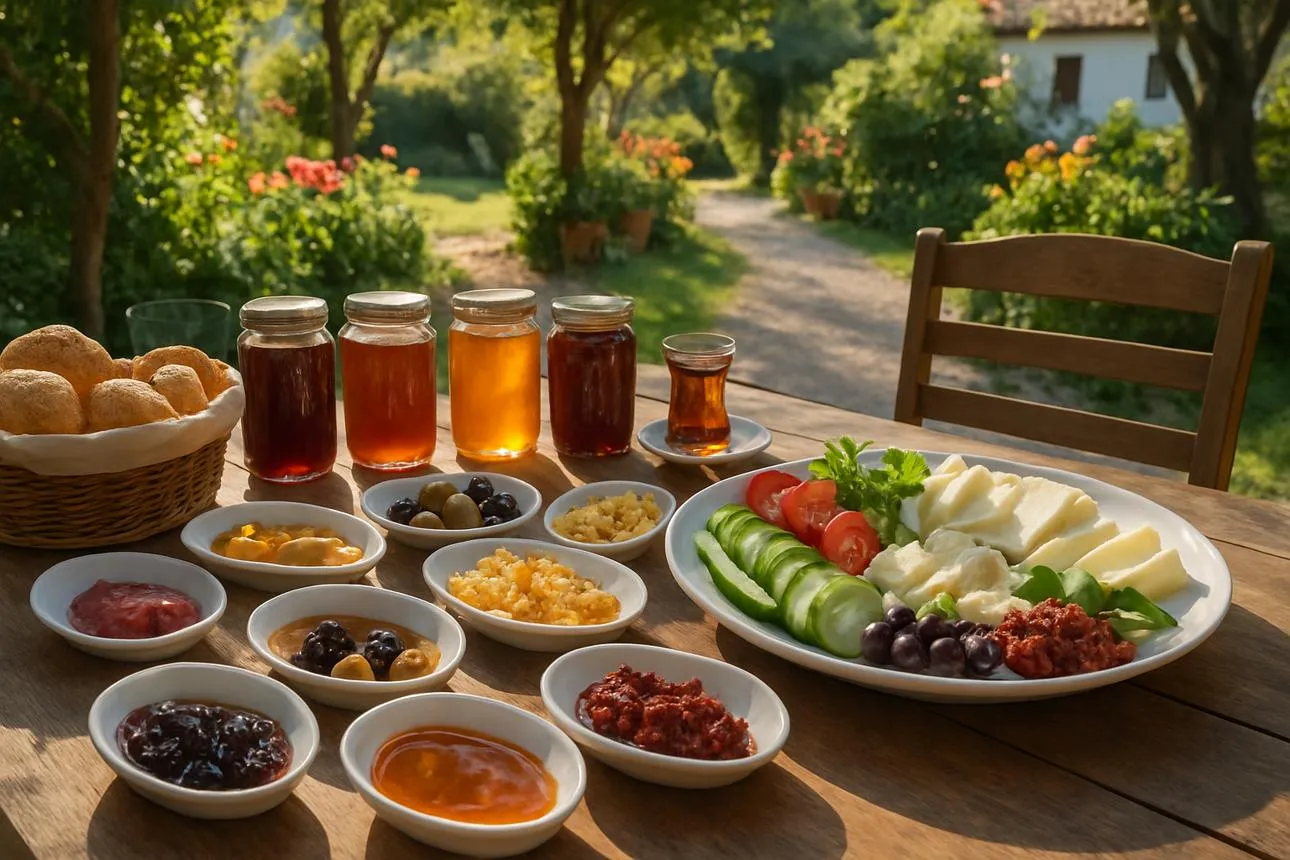A village breakfast table with jams, olives, cheese and tea in a garden