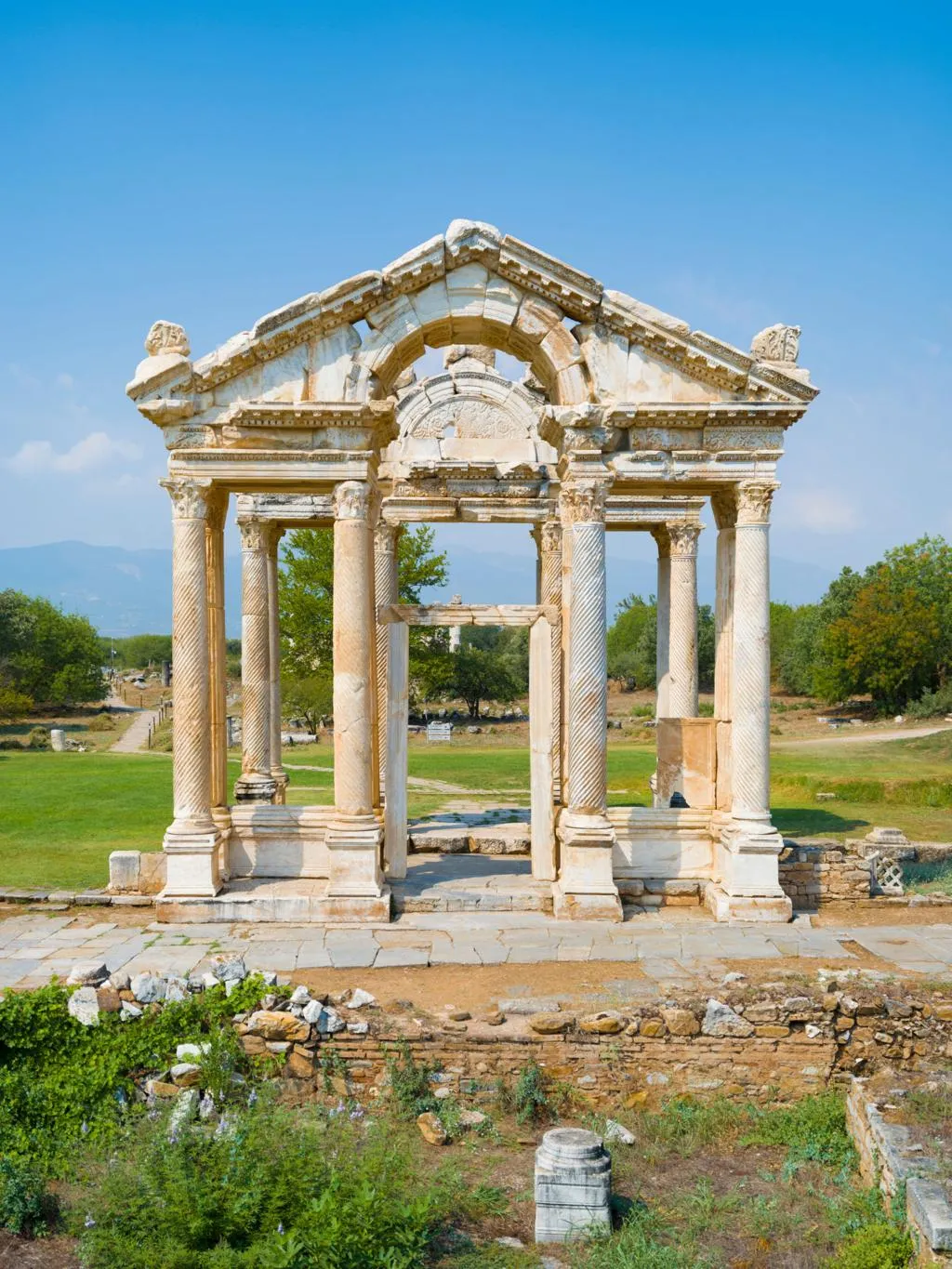 The marble Tetrapylon gate of Aphrodisias with its spiral-fluted columns