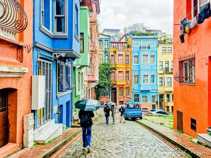 Colourful houses along a cobbled street in Balat