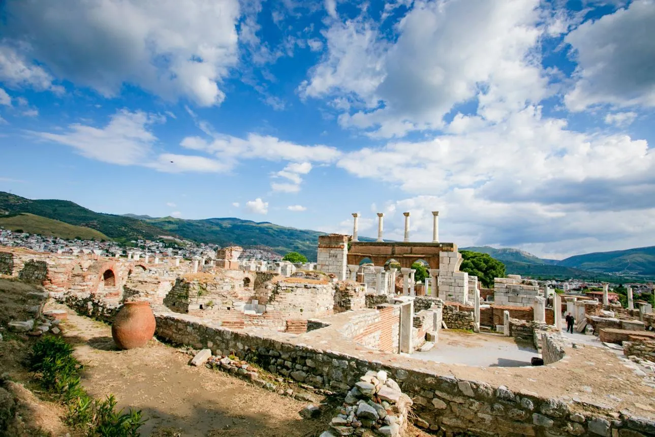 Brick walls and marble columns of the Basilica of St John above Selçuk