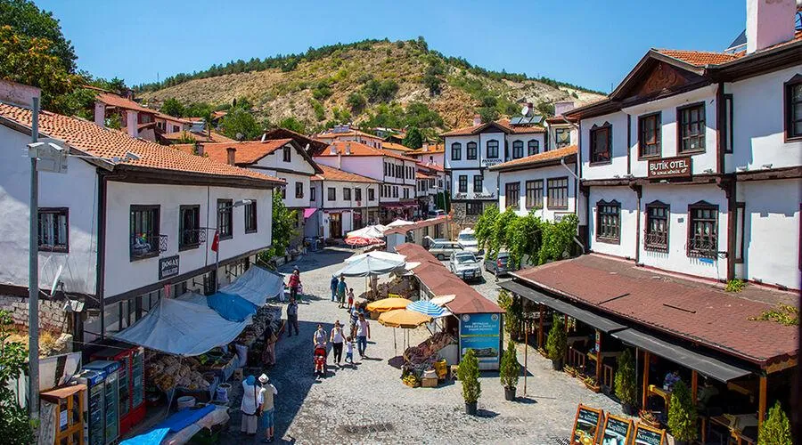 Market street of Beypazarı lined with white Ottoman houses and stalls