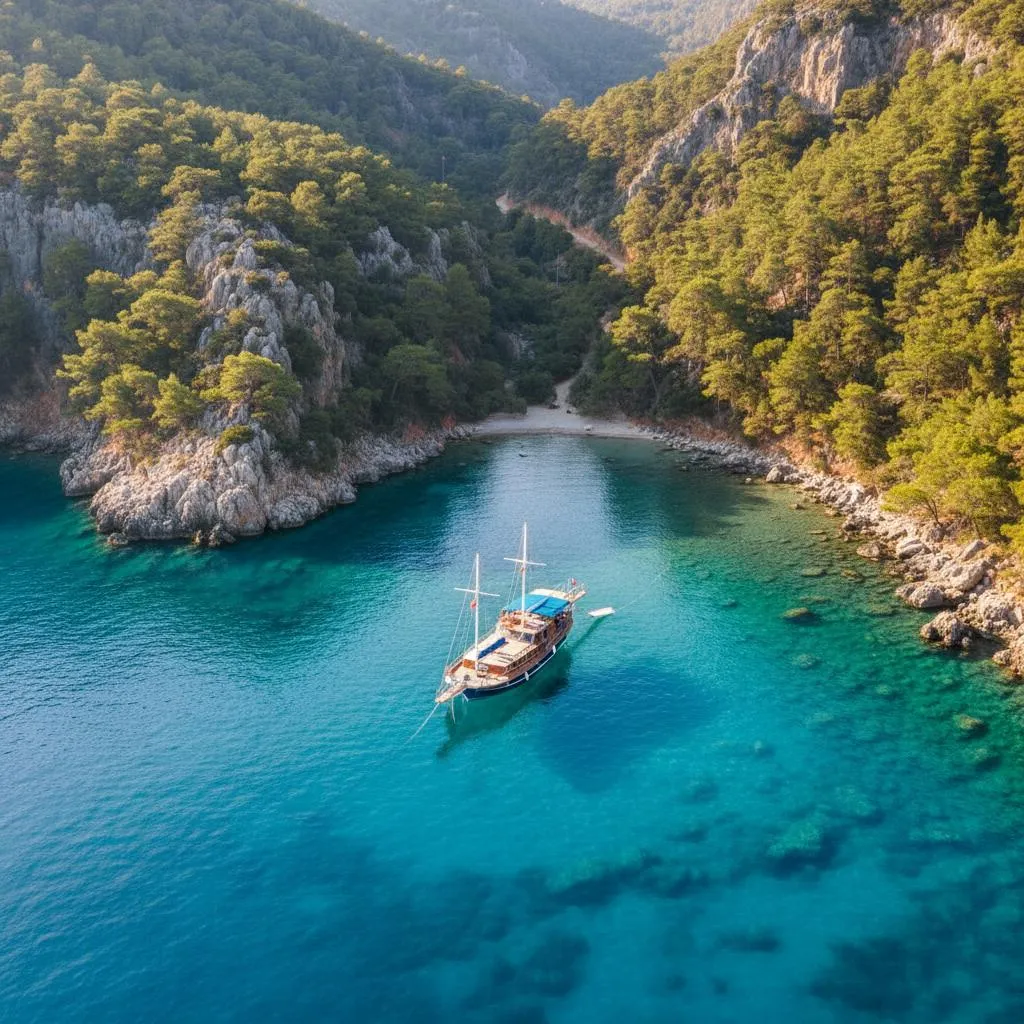 A wooden gulet anchored in a turquoise cove below pine-covered cliffs