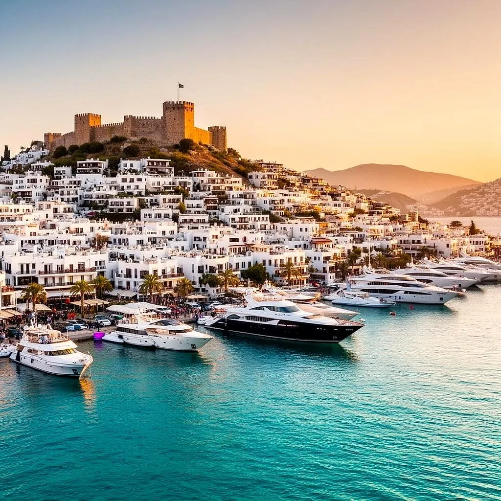 Bodrum's white houses, marina and castle in the evening light
