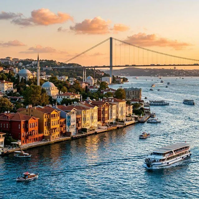 Waterfront houses, mosques and the Bosphorus Bridge at sunset