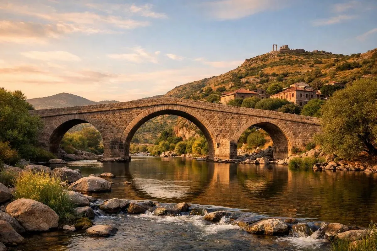 The arched Ottoman stone bridge over a stream with the hill of Assos behind