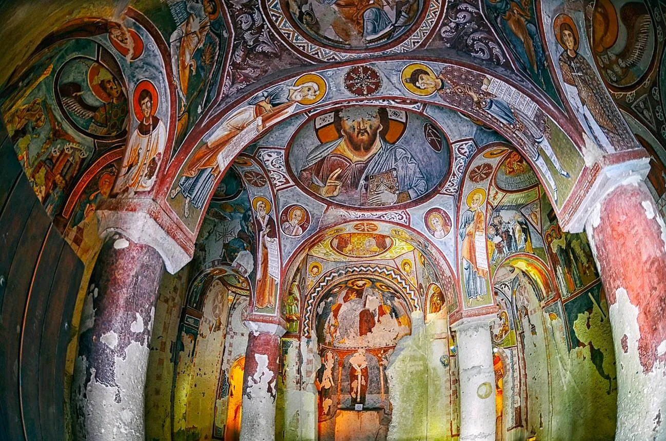 A painted dome with Christ in a Cappadocian cave church