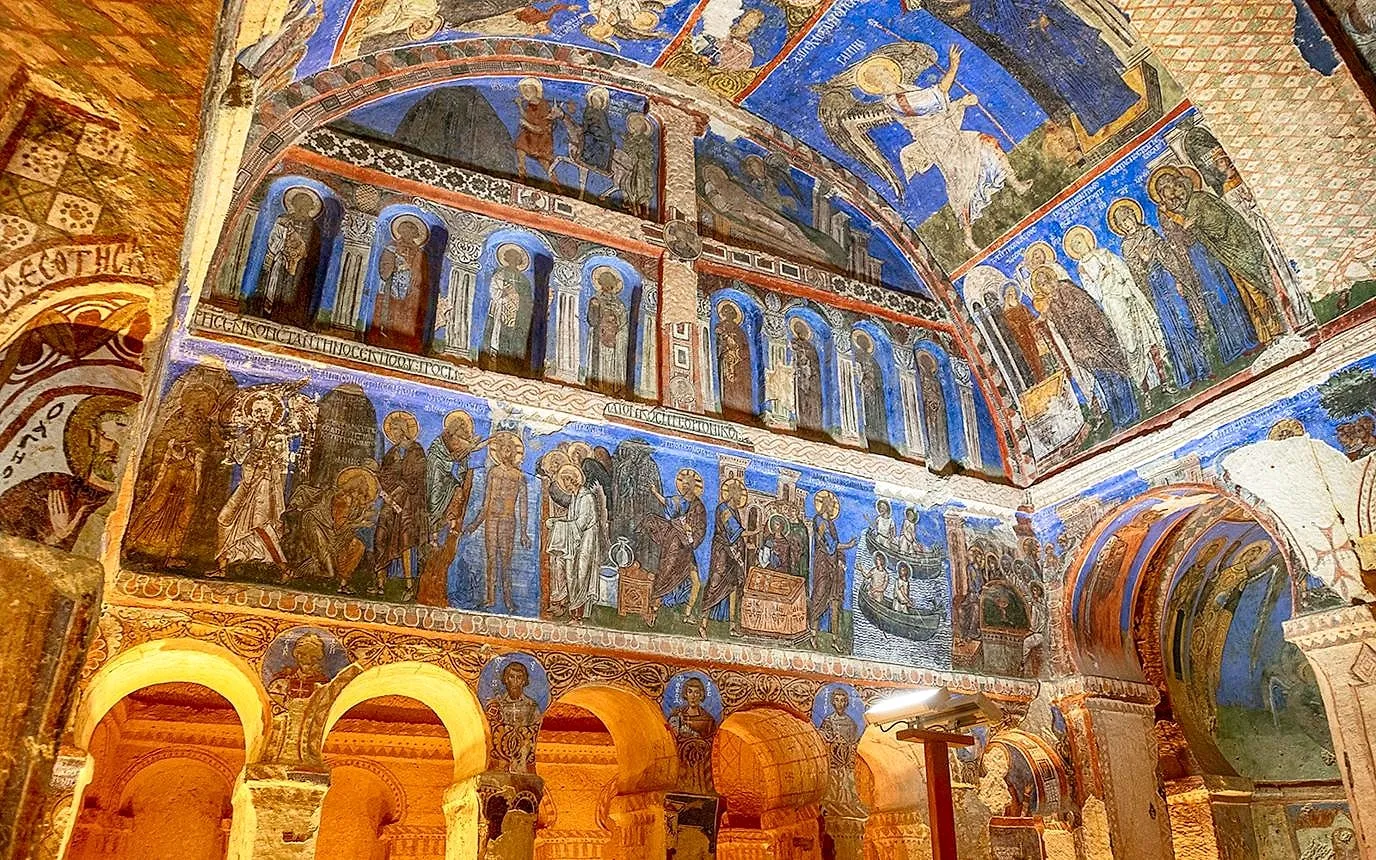 Frescoes inside a rock-cut church in Cappadocia