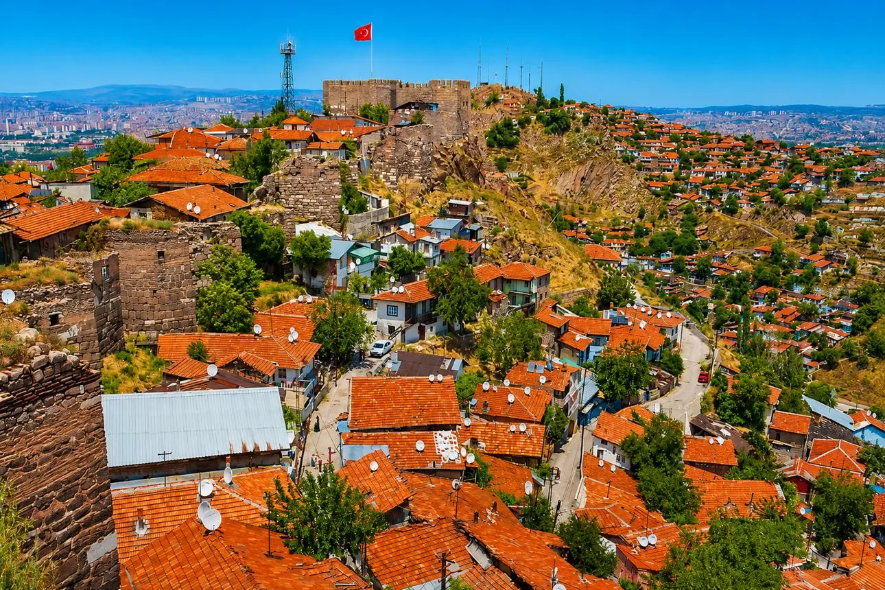Aerial view of Ankara Castle and the red roofs of the old houses around it