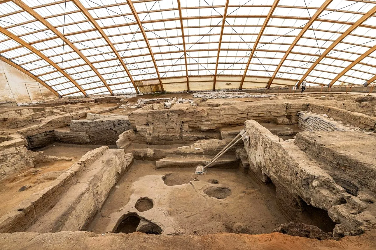 Excavated Neolithic houses under the shelter at Çatalhöyük