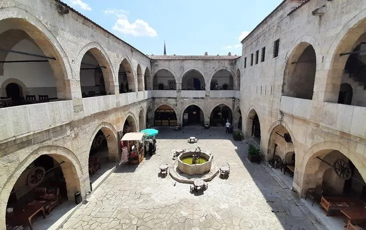 The arcaded stone courtyard of the Cinci Han caravanserai