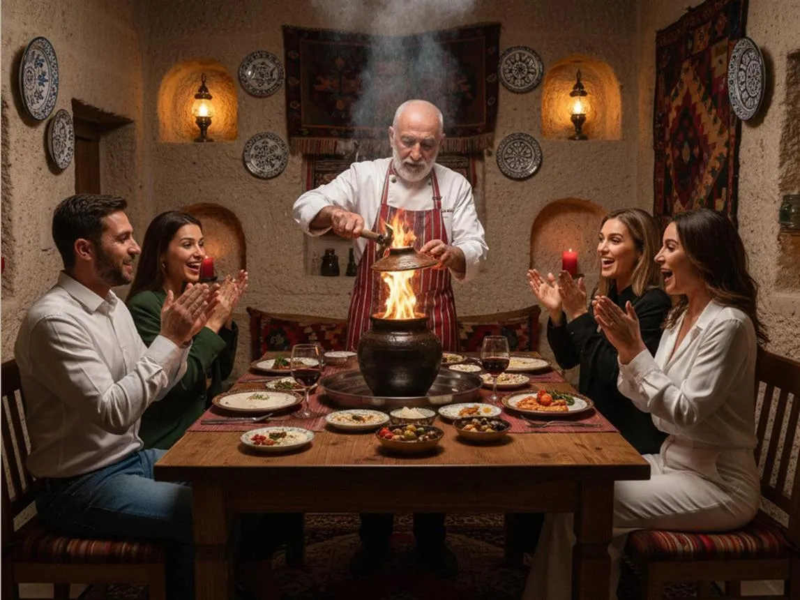 A chef opening a flaming pottery kebab at a table of guests