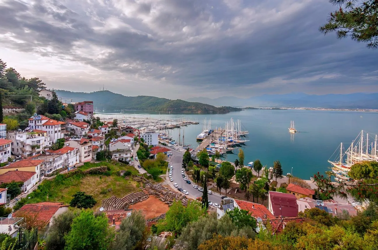 The bay of Fethiye and its marina seen from the hillside