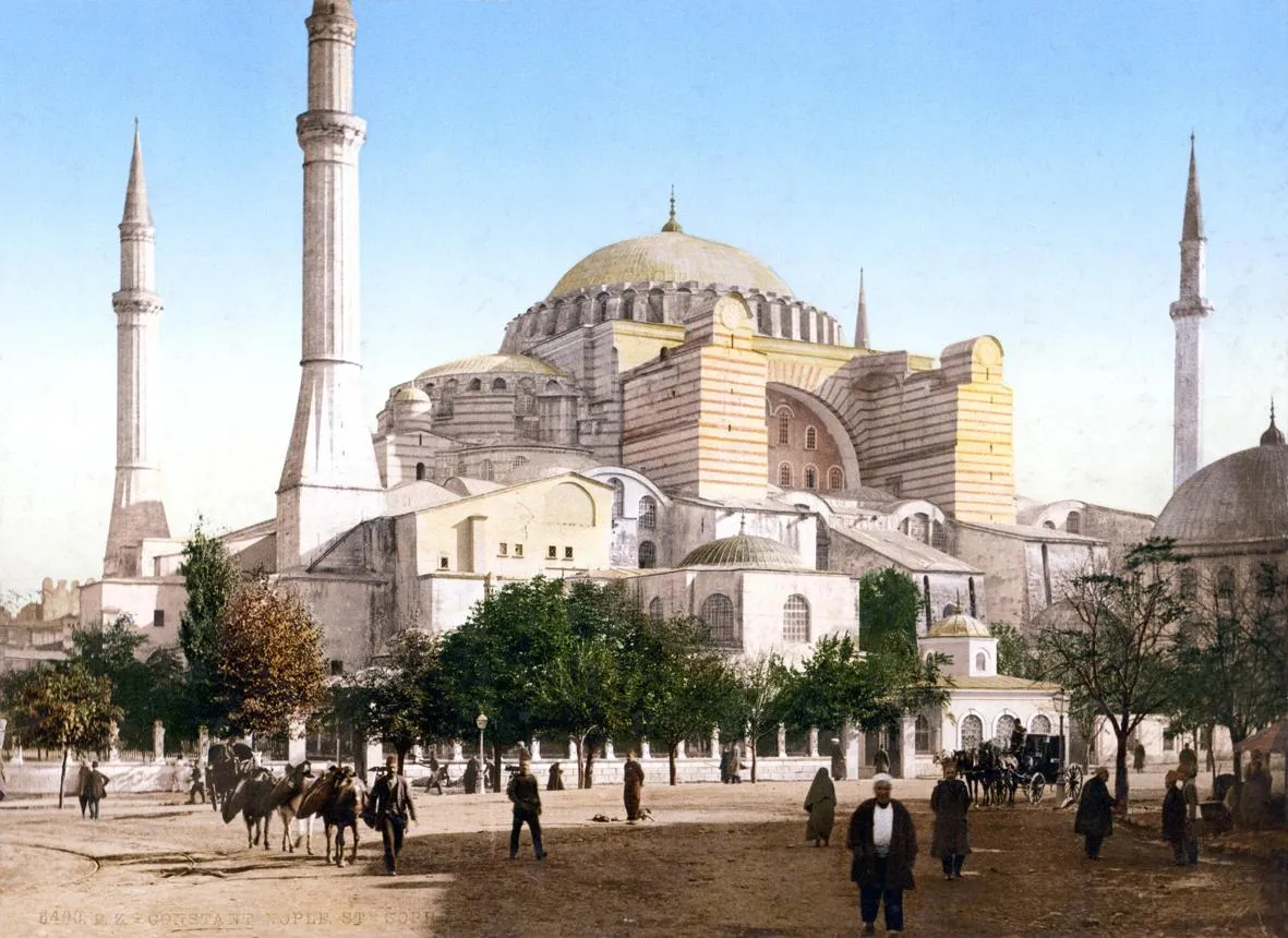 Historic colour photograph of Hagia Sophia and its minarets