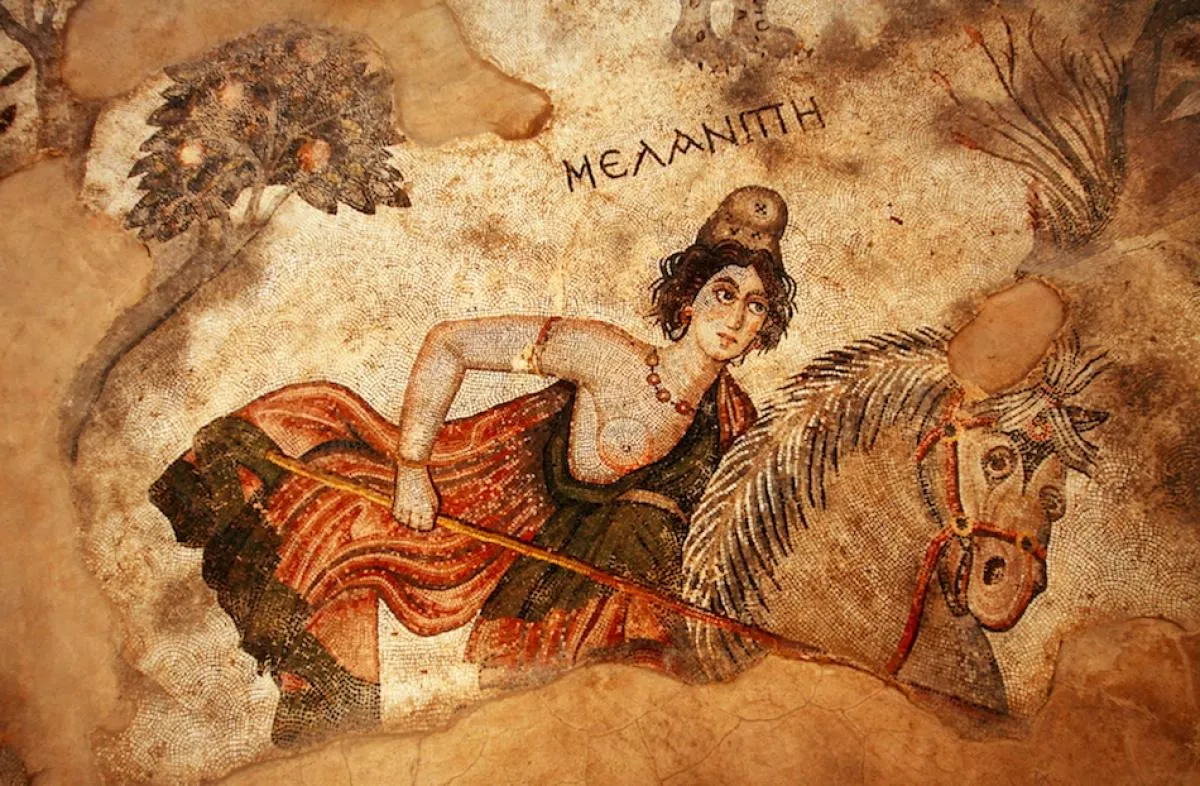 A mosaic of an Amazon queen on horseback labelled Melanippe