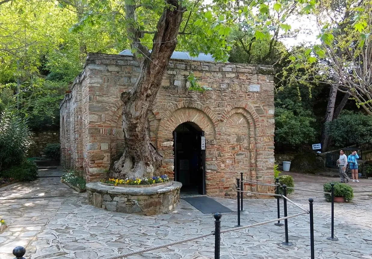 The small stone chapel of the House of the Virgin Mary under a plane tree