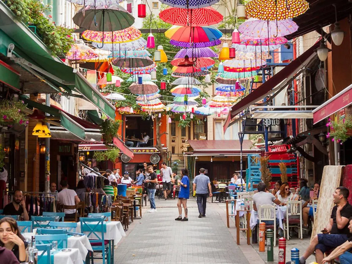 Colourful umbrellas above a café street in Kadıköy