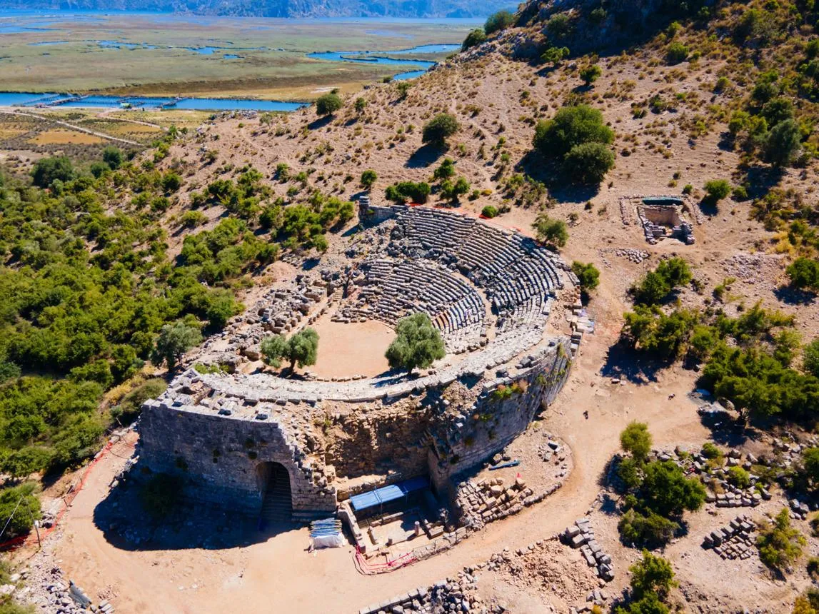 Aerial view of the ancient theatre of Kaunos on its hillside