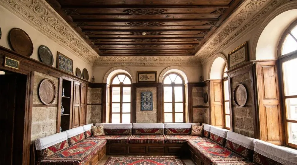 The main hall of the Kaymakamlar House with wooden ceiling and cushioned sofas