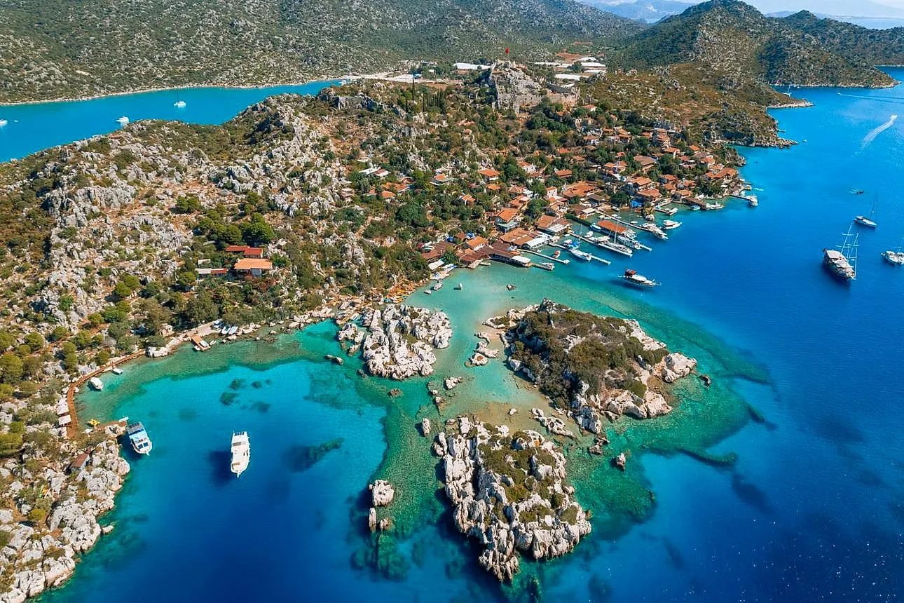 Islands and turquoise bays of Kekova seen from the air