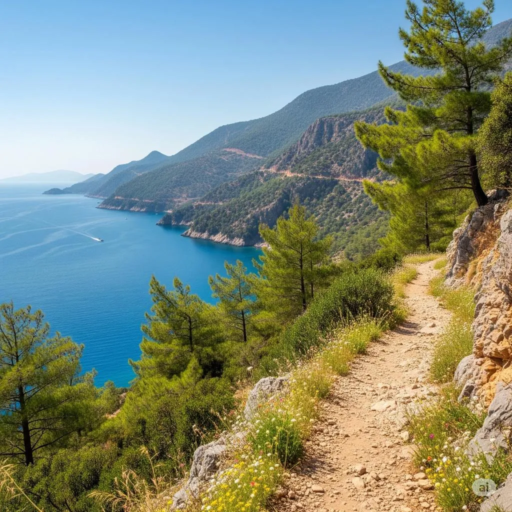 A narrow footpath through pine trees along the cliffs above the sea