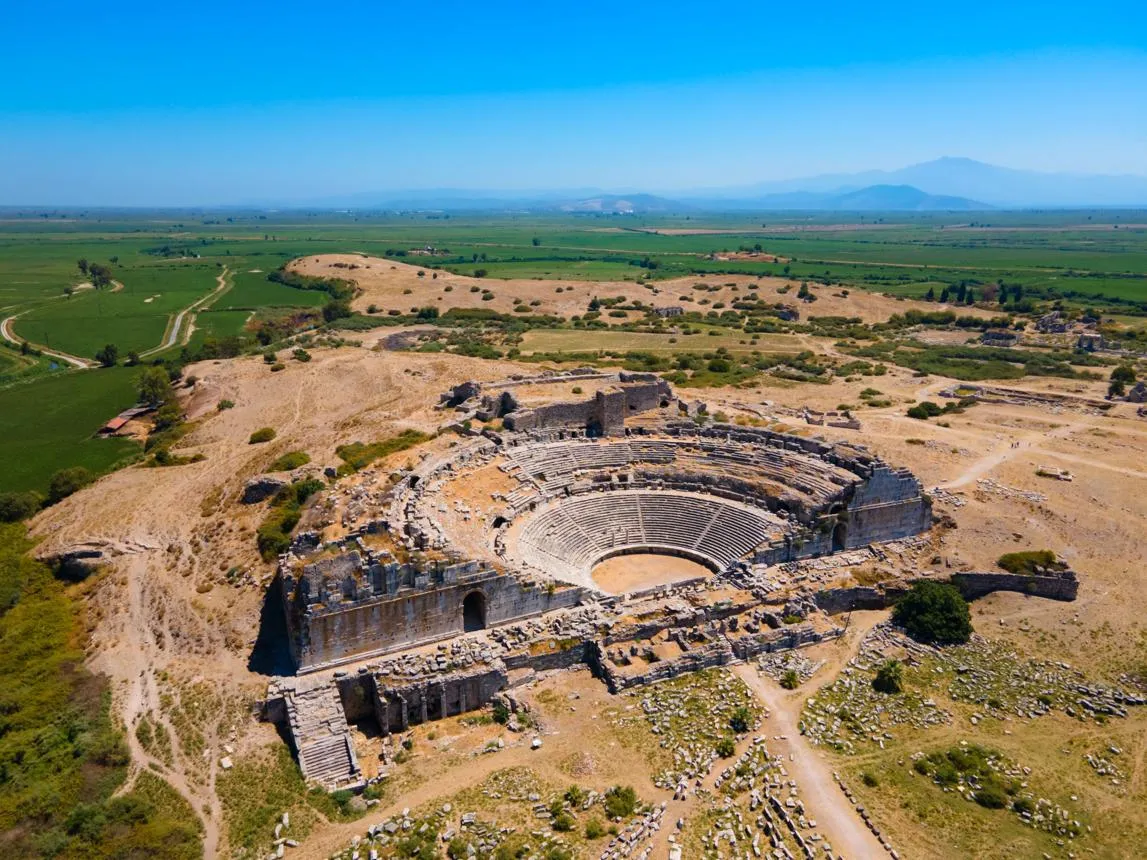 Aerial view of the great theatre of Miletus above the plain