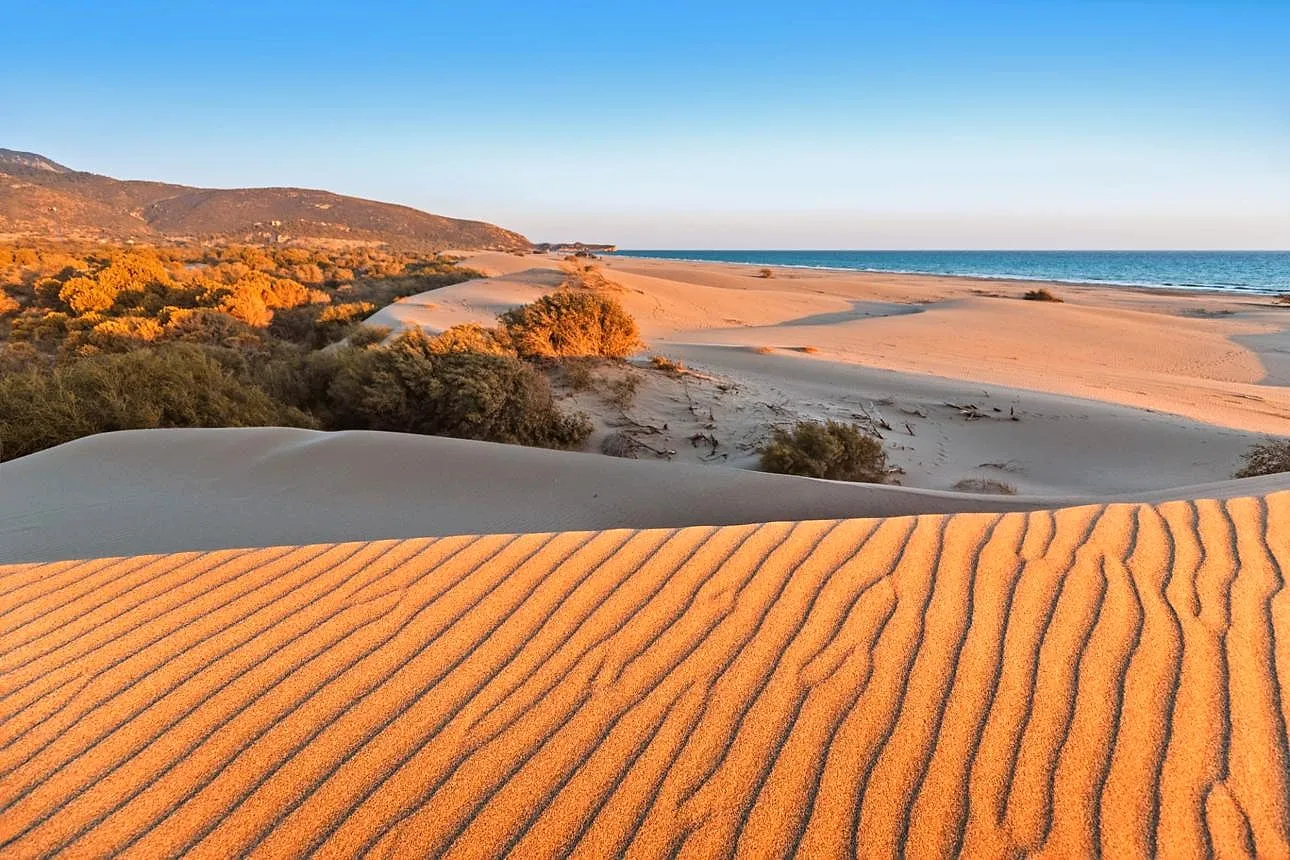 Golden sand dunes rippled by the wind behind Patara beach