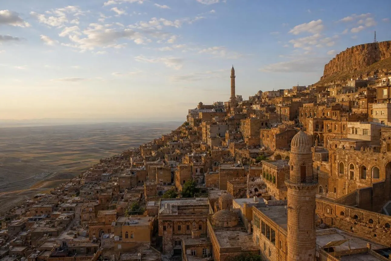 The old town of Mardin and the Mesopotamian plain stretching to the horizon at sunset