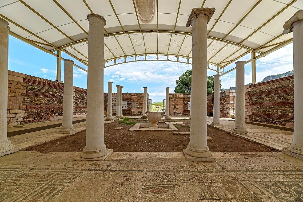 Columns and mosaic floor of the ancient synagogue at Sardis