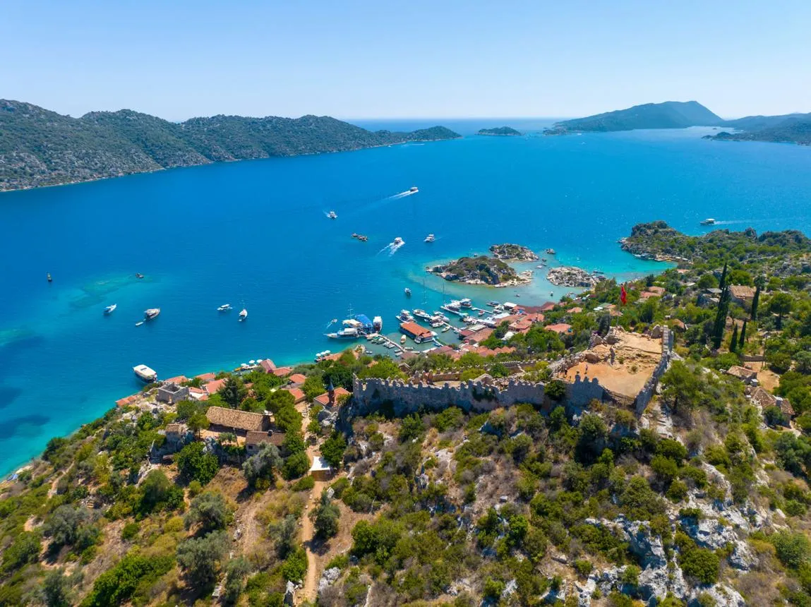 Kaleköy, its castle and the bay of Kekova from above