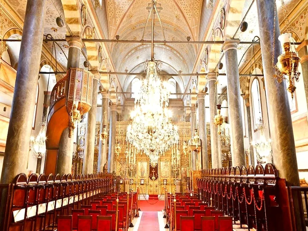 The gilded interior and chandeliers of the Church of St George at Fener