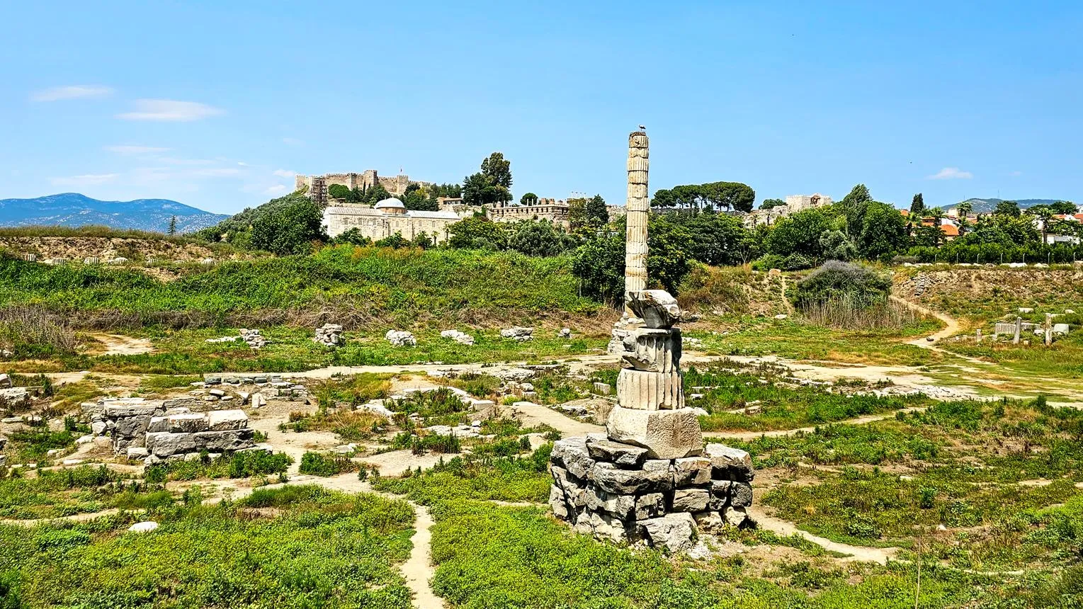 The single standing column of the Temple of Artemis, with Selçuk castle behind