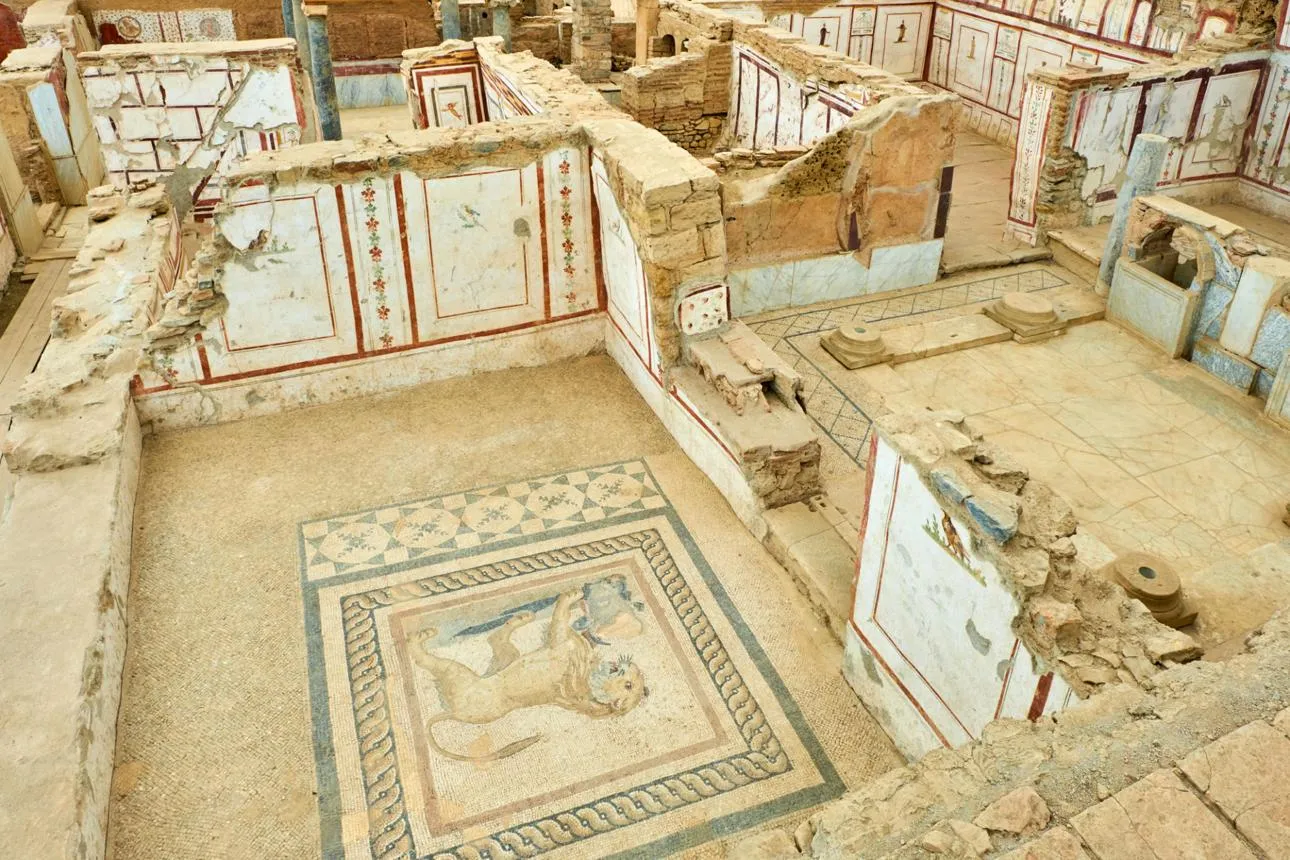 A lion mosaic and painted walls inside the Terrace Houses of Ephesus
