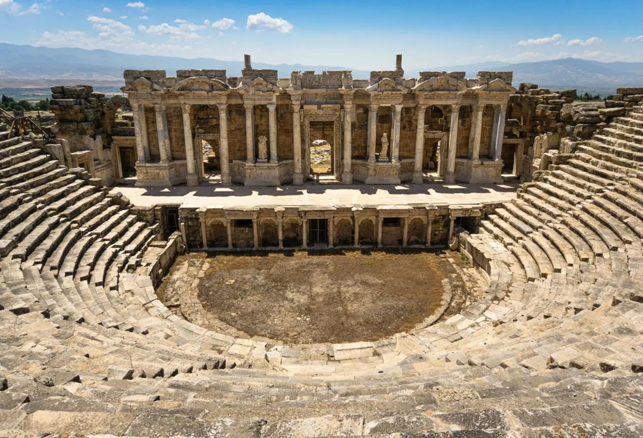 The restored stage building and stone seats of the Hierapolis theatre