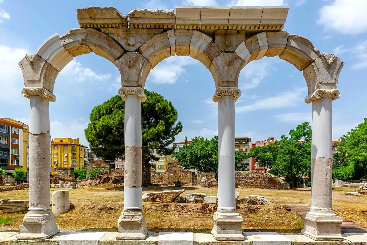 Columns and arches among the ruins of Thyatira in Akhisar