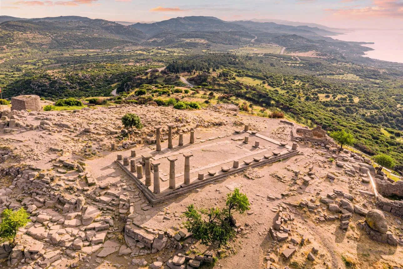 Behramkale's stone houses on the hillside below the acropolis, where the mosque stands
