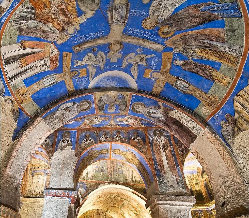 Deep blue frescoes of biblical scenes in Tokalı Church, Cappadocia